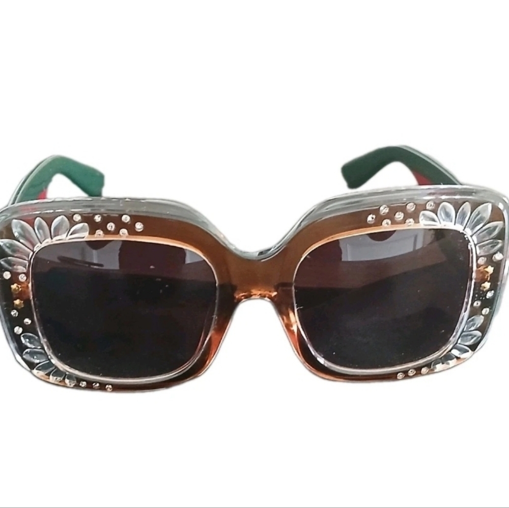 Womens Rectangular Foliage Jewel Trim Thick Plastic Sunglasses Green & Red - Picture 5 of 6